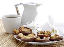 Coffee With Cakes, Milk And Orchid Flower Royalty Free Stock Images