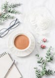Coffee With Milk, Meringues, Flowers, Blank Notebook, Glasses On White Background, Top View. Female Table Inspiration Breakfast, S Stock Images Coffee With Milk, Meringues, Flowers, Blank Notebook, Glasses On White Background, Top View. Female Table Inspiration Breakfast, S Stock Images