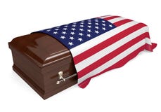 Coffin covered with the national flag of the United States. 3D rendering of a burial casket draped with the national flag of the United States royalty free illustration Coffin covered with the national flag of the United States. 3D rendering of a burial casket draped with the national flag of the United States royalty free illustration
