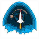 Cohete de lanzamiento, volando en el espacio contra la tierra y la luna del planeta en fondo azul marino del cielo Imagen de archivo libre de regalías Cohete de lanzamiento, volando en el espacio contra la tierra y la luna del planeta en fondo azul marino del cielo Imagen de archivo libre de regalías