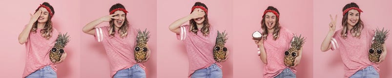 Colagem com uma jovem mulher com emo??es diferentes imagens de stock royalty free Colagem com uma jovem mulher com emo??es diferentes imagens de stock royalty free