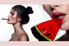 Colagem da imagem da beleza O levantamento moreno da jovem mulher sensual com pirulito, bordo grande, comp?e art?stico Conceito d fotos de stock royalty free Colagem da imagem da beleza O levantamento moreno da jovem mulher sensual com pirulito, bordo grande, comp?e art?stico Conceito d fotos de stock royalty free