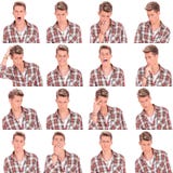 Colagem das expressões da face do homem novo imagens de stock Colagem das expressões da face do homem novo imagens de stock