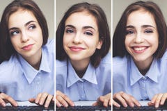 Colagem de datilografia da menina imagens de stock royalty free Colagem de datilografia da menina imagens de stock royalty free