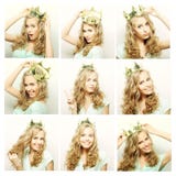 Colagem dos retratos de uma jovem mulher bonita com coroa imagens de stock Colagem dos retratos de uma jovem mulher bonita com coroa imagens de stock