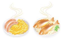 cole??o Em uma placa de salsichas e de peixes fritados quentes Batatas, cebola e salsa da guarnição Alimento saboroso e nutritivo ilustração stock cole??o Em uma placa de salsichas e de peixes fritados quentes Batatas, cebola e salsa da guarnição Alimento saboroso e nutritivo ilustração stock