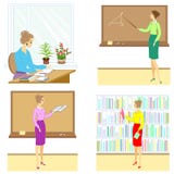 colecci?n Profesor en la lección en la escuela Una mujer lee un libro, un cuaderno, muestra un indicador al tablero, se sienta en stock de ilustración colecci?n Profesor en la lección en la escuela Una mujer lee un libro, un cuaderno, muestra un indicador al tablero, se sienta en stock de ilustración