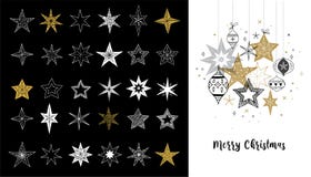 Colección de copos de nieve, estrellas, decoraciones de la Navidad, ejemplos dibujados mano ilustración del vector Colección de copos de nieve, estrellas, decoraciones de la Navidad, ejemplos dibujados mano ilustración del vector