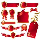 Colección de muestras y de escrituras de la etiqueta de oro-rojas ilustración del vector Colección de muestras y de escrituras de la etiqueta de oro-rojas ilustración del vector
