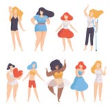 Colección de mujeres de diversa figura tipo y altura, positivo del cuerpo, aceptación del uno mismo y concepto de la diversidad d ilustración del vector Colección de mujeres de diversa figura tipo y altura, positivo del cuerpo, aceptación del uno mismo y concepto de la diversidad d ilustración del vector