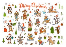 Colección de perros que felicitan de saludo de la Navidad divertida linda y de la Feliz Año Nuevo 2018 stock de ilustración Colección de perros que felicitan de saludo de la Navidad divertida linda y de la Feliz Año Nuevo 2018 stock de ilustración