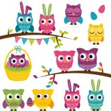 Colección del vector de búhos temáticos de Pascua y de la primavera stock de ilustración Colección del vector de búhos temáticos de Pascua y de la primavera stock de ilustración