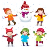 Coleção das crianças com o boneco de neve no traje do inverno ilustração stock Coleção das crianças com o boneco de neve no traje do inverno ilustração stock
