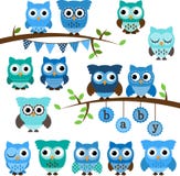 Coleção do vetor de corujas temáticos da festa do bebê do menino ilustração royalty free Coleção do vetor de corujas temáticos da festa do bebê do menino ilustração royalty free