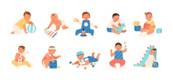 Coleção dos bebês adoráveis felizes que jogam com vários brinquedos - jogo de construção, bola, chocalho Ajuste do infante brinca ilustração do vetor Coleção dos bebês adoráveis felizes que jogam com vários brinquedos - jogo de construção, bola, chocalho Ajuste do infante brinca ilustração do vetor