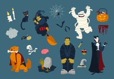Coleção grande de personagens de banda desenhada engraçados e assustadores de Dia das Bruxas - zombi, mamã, fantasma, voo da brux ilustração royalty free Coleção grande de personagens de banda desenhada engraçados e assustadores de Dia das Bruxas - zombi, mamã, fantasma, voo da brux ilustração royalty free