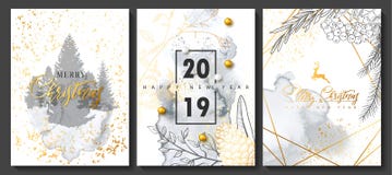 Coleção luxuosa de 2019 cartões do Feliz Natal e do ano novo feliz com textura da aquarela e forma geométrica dourada ilustração royalty free Coleção luxuosa de 2019 cartões do Feliz Natal e do ano novo feliz com textura da aquarela e forma geométrica dourada ilustração royalty free