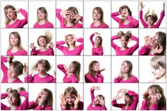 Collage av en ung kvinna som uttrycker olika sinnesrörelser och känslor På en vit bakgrund royaltyfri bild Collage av en ung kvinna som uttrycker olika sinnesrörelser och känslor På en vit bakgrund royaltyfri bild
