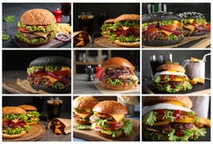 Collage av olika l?ckra hamburgare arkivfoton Collage av olika l?ckra hamburgare arkivfoton