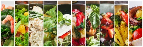 Collage de diversas ensaladas frescas sabrosas del restaurante fotografía de archivo libre de regalías Collage de diversas ensaladas frescas sabrosas del restaurante fotografía de archivo libre de regalías
