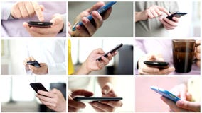 Collage de la mano usando el teléfono elegante de la pantalla táctil moderna Collage de la mano usando el teléfono elegante de la pantalla táctil moderna