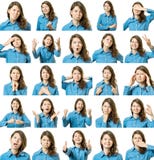 Collage de la muchacha hermosa con diversas expresiones faciales fotos de archivo Collage de la muchacha hermosa con diversas expresiones faciales fotos de archivo