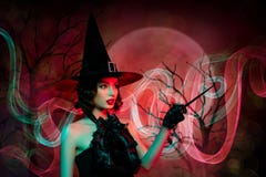 Collage of devil frightening mystic lady wearing black dress gothic pointing wand isolated dark red smoke color background. 