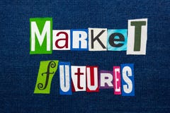 Collage di parola del testo di FUTURES del MERCATO, multi tessuto colorato su denim blu, concetto di futures dei prodotti fotografie stock libere da diritti Collage di parola del testo di FUTURES del MERCATO, multi tessuto colorato su denim blu, concetto di futures dei prodotti fotografie stock libere da diritti
