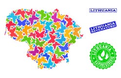 Collage di risparmio della natura della mappa della Lituania con le farfalle e le filigrane di gomma illustrazione vettoriale Collage di risparmio della natura della mappa della Lituania con le farfalle e le filigrane di gomma illustrazione vettoriale