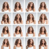 The collage from different woman emotions on gray background royalty free stock photos The collage from different woman emotions on gray background royalty free stock photos