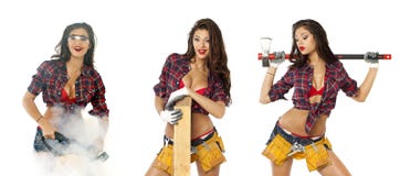Collage. Fille sexy avec des outils de construction photos stock Collage. Fille sexy avec des outils de construction photos stock