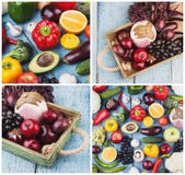 Collage från olika färgrika grönsaker och frukter på träbakgrunden royaltyfri bild Collage från olika färgrika grönsaker och frukter på träbakgrunden royaltyfri bild
