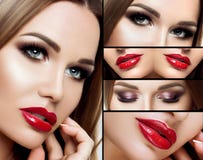 A collage of makeup. Beautiful smoky eyes, red plump lips, long eyelashes. Portrait Face closeup, detail makeup, with royalty free stock photography A collage of makeup. Beautiful smoky eyes, red plump lips, long eyelashes. Portrait Face closeup, detail makeup, with royalty free stock photography