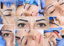 Permanent make-up for eyebrows of beautiful woman with thick bro stock photos Permanent make-up for eyebrows of beautiful woman with thick bro stock photos