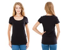 Collage shirt,smile woman in black t-shirt isolated on white background,empty stock photography Collage shirt,smile woman in black t-shirt isolated on white background,empty stock photography