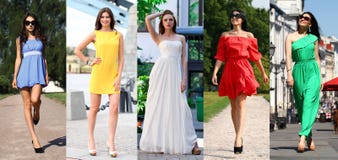 Collage van vijf mooie modellen in gekleurde de zomerkleding stock afbeeldingen Collage van vijf mooie modellen in gekleurde de zomerkleding stock afbeeldingen