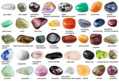 Collage from various tumbled gemstones with names