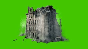 A collapsing house with a lot of dust and smoke. Ruins of the building close-up. Ruins of a destroyed house. Ruins of a