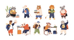 Collection of adorable animals students or pupils studying, writing, reading books. Back to school set. Funny cartoon stock illustration Collection of adorable animals students or pupils studying, writing, reading books. Back to school set. Funny cartoon stock illustration
