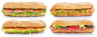 Collection of baguettes with salami ham cheese salmon fish later Royalty Free Stock Photography Collection of baguettes with salami ham cheese salmon fish later Royalty Free Stock Photography