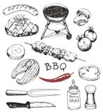 Collection of the barbecue doodles, different objects: drinks, food, meat and vegetables, different tools and instruments, etc vector illustration Collection of the barbecue doodles, different objects: drinks, food, meat and vegetables, different tools and instruments, etc vector illustration