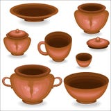 A collection of clay kitchenware. A pot, a cup, a bowl, a dish are needed in the kitchen. They cook food in it, eat it. Pottery royalty free illustration A collection of clay kitchenware. A pot, a cup, a bowl, a dish are needed in the kitchen. They cook food in it, eat it. Pottery royalty free illustration