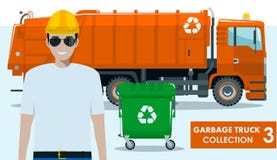 Collection de camion à ordures Illustration détaillée d'homme de déchets, de camion orange et de décharge sur le fond blanc dans illustration libre de droits Collection de camion à ordures Illustration détaillée d'homme de déchets, de camion orange et de décharge sur le fond blanc dans illustration libre de droits