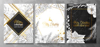 2019 collection de cartes de luxe de Joyeux Noël et de bonne année avec la texture de marbre, la forme géométrique d'or et l'hive illustration de vecteur 2019 collection de cartes de luxe de Joyeux Noël et de bonne année avec la texture de marbre, la forme géométrique d'or et l'hive illustration de vecteur
