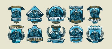 Collection de logos colorés, emblèmes, cavalier d'autocollants pour exécuter des tours sur un vélo de montagne sur un fond des mo illustration de vecteur Collection de logos colorés, emblèmes, cavalier d'autocollants pour exécuter des tours sur un vélo de montagne sur un fond des mo illustration de vecteur