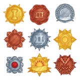 Collection de médailles d'or, argentées et d'insignes de bronze ou dans différentes formes Ensemble d'appartement de vecteur illustration libre de droits Collection de médailles d'or, argentées et d'insignes de bronze ou dans différentes formes Ensemble d'appartement de vecteur illustration libre de droits