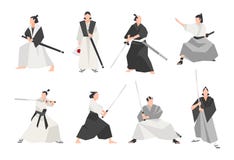 Collection de samouraïs d'isolement sur le fond blanc Ensemble de guerriers japonais masculins portant de divers vêtements, se te illustration de vecteur Collection de samouraïs d'isolement sur le fond blanc Ensemble de guerriers japonais masculins portant de divers vêtements, se te illustration de vecteur