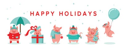 Collection Of Cute Winter Pigs. New 2019 Year. Symbol Of The Year In The Chinese Calendar. Vector Cartoon Isolated Royalty Free Stock Photography