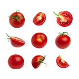 Collection Of Red Tomatoes Isolated On White Background. Fresh Ripe Cherry Tomatoes. Whole Vegetables And Chopped Halves. Healthy Royalty Free Stock Photography