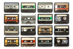 Collection of old audio cassette tapes isolated on white background vintage music and technology concept